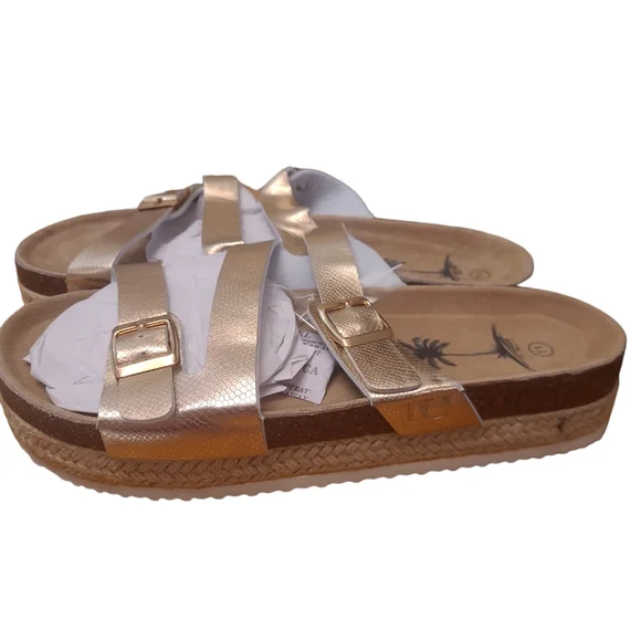 IC Lion Women's Open Toe Double Buckel Strap Slide Flat Cork Platform Sandles - Picture 2 of 5